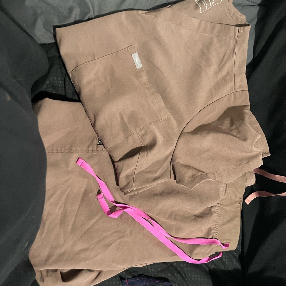 Figs Taupe Scrub Set with Pink Drawstrings